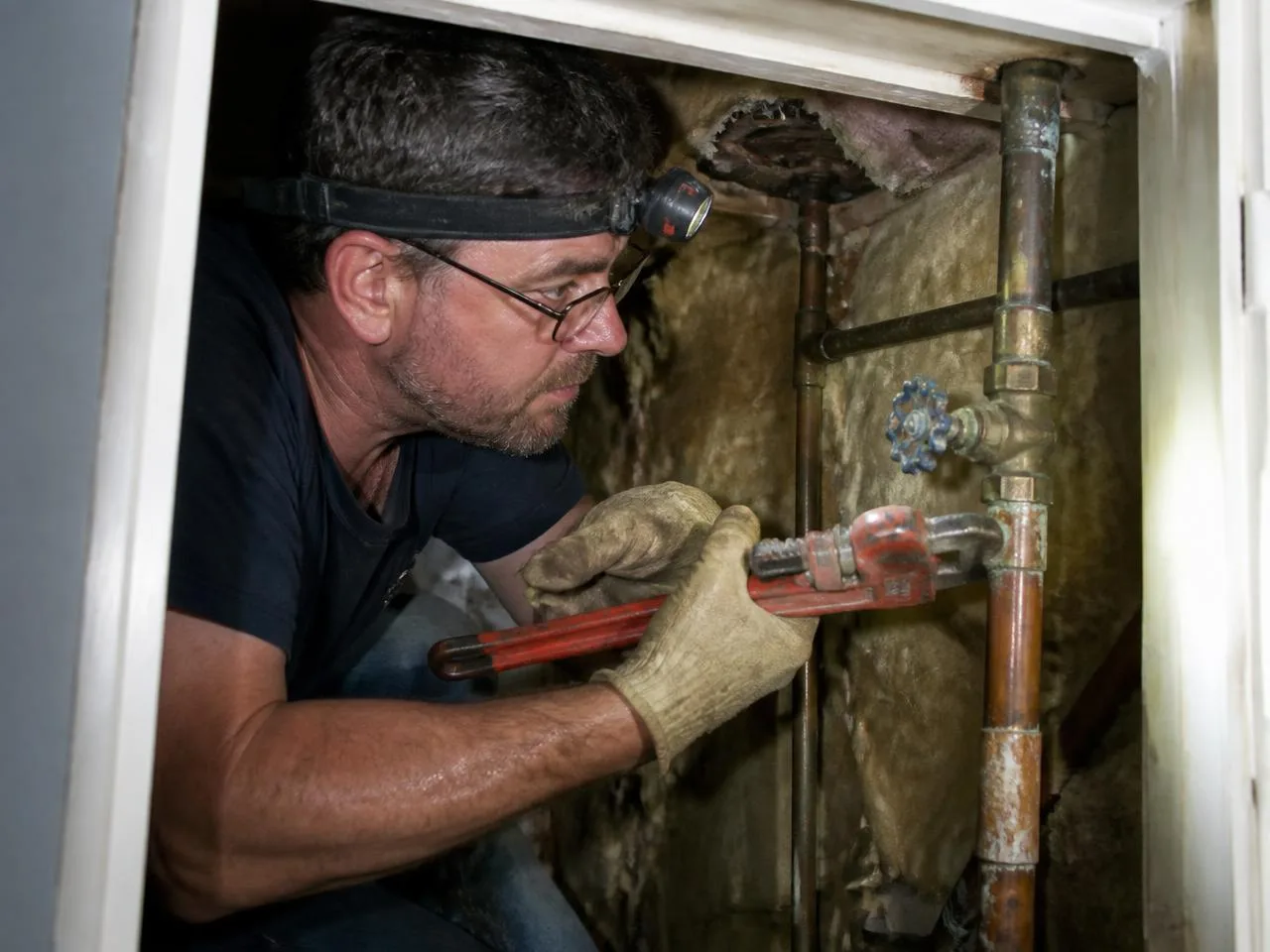 Plumber replacing a corroded shutoff valve on a copper water line in a crawlspace