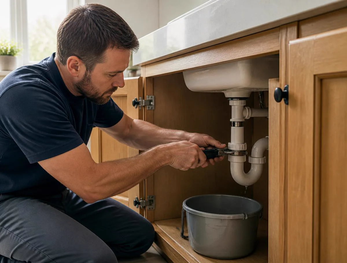Plumber loosening the P-trap under a bathroom vanity with a bucket underneath