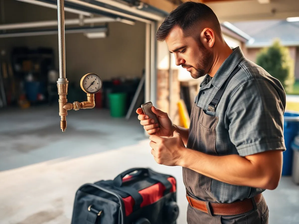 Plumber checking household water pressure on a gauge at an outdoor water line