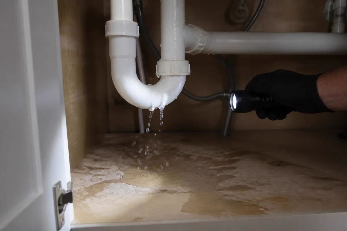 Water dripping from a leaking pipe joint onto a stained cabinet base under a kitchen sink