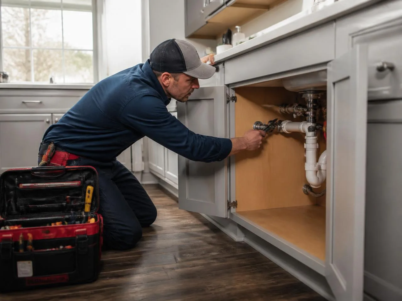 Plumber kneeling under a kitchen sink tightening a water supply line in a home