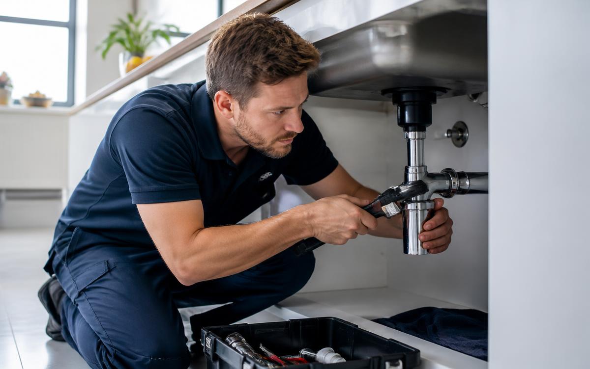 Plumber repairing pipes under a sink during a service visit