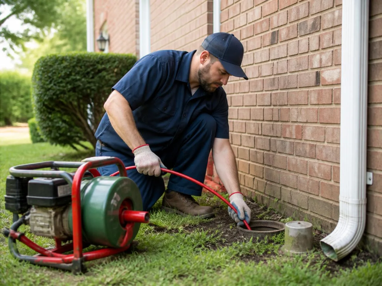 Plumber feeding a drain auger cable into an outdoor sewer cleanout at a home