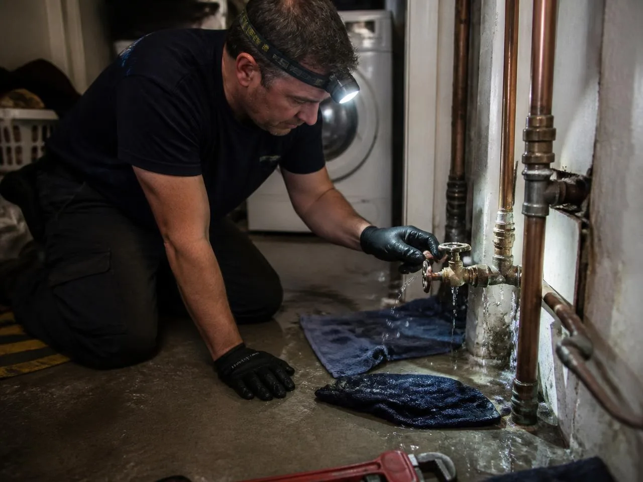 Plumber shutting off a water valve during an urgent pipe leak in a home laundry area