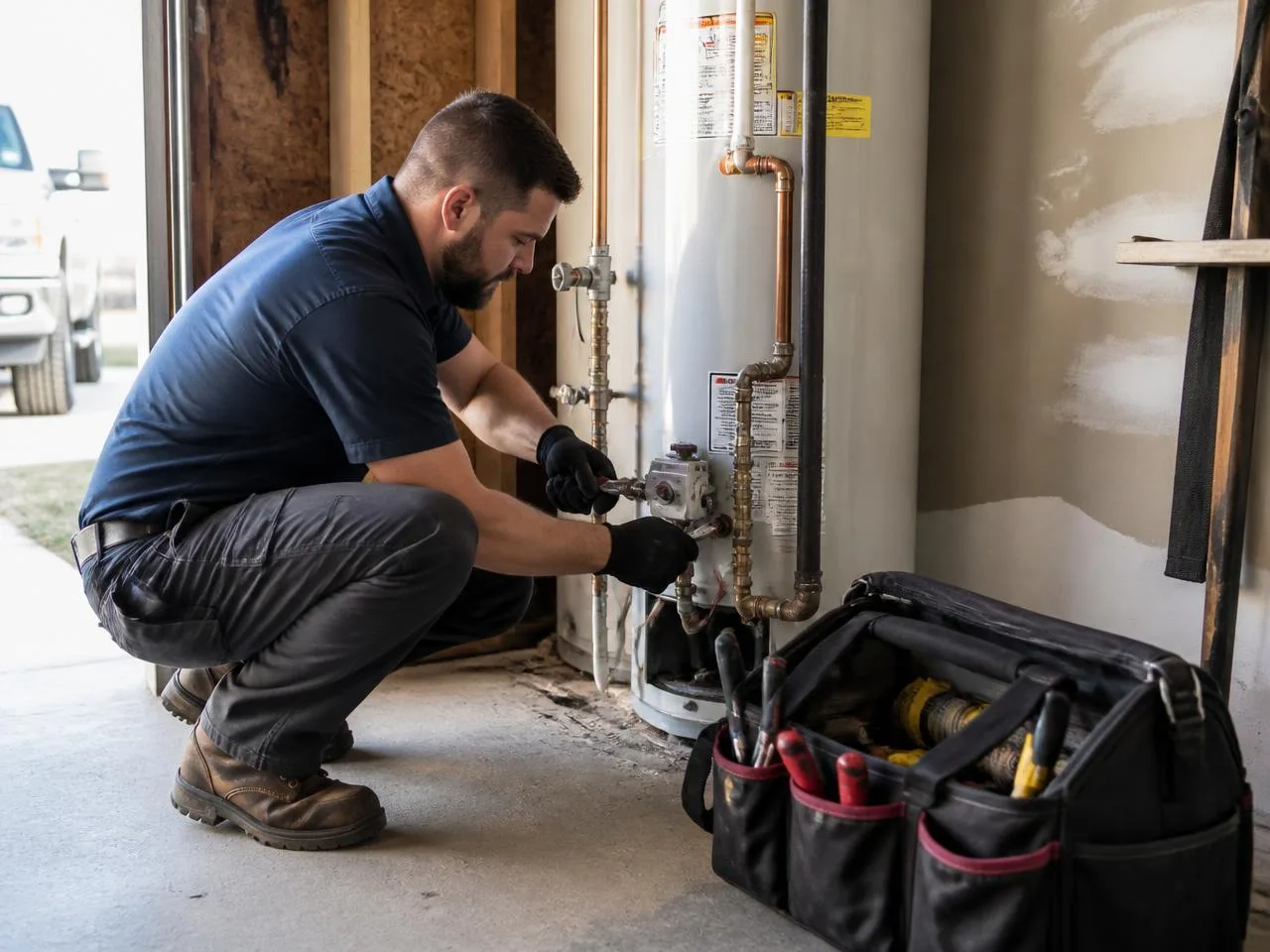 Plumber servicing a residential water heater in a garage utility area