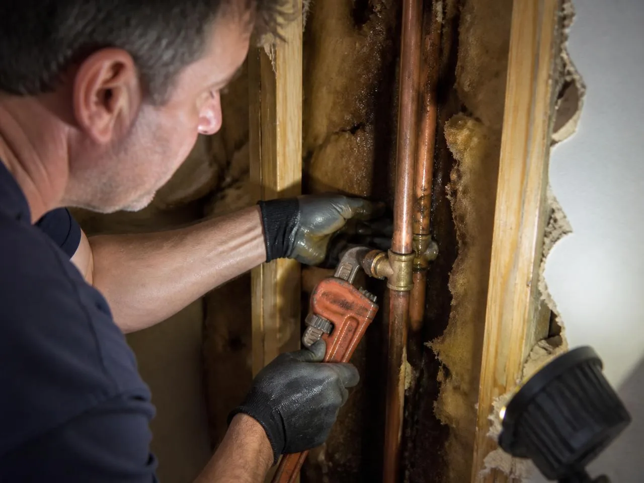 Plumber repairing a leaking copper water pipe inside an opened wall cavity