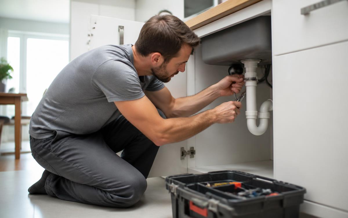 Plumber tightening a pipe under a kitchen sink during a service visit