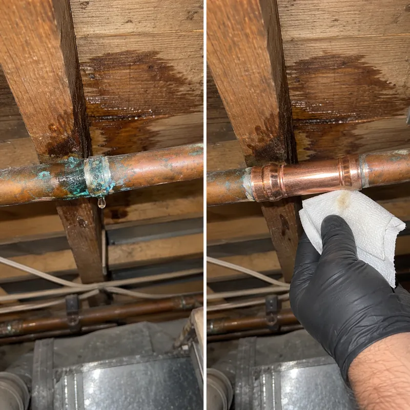 Two-panel example of a wet copper pipe joint and a fitting being checked beneath exposed joists