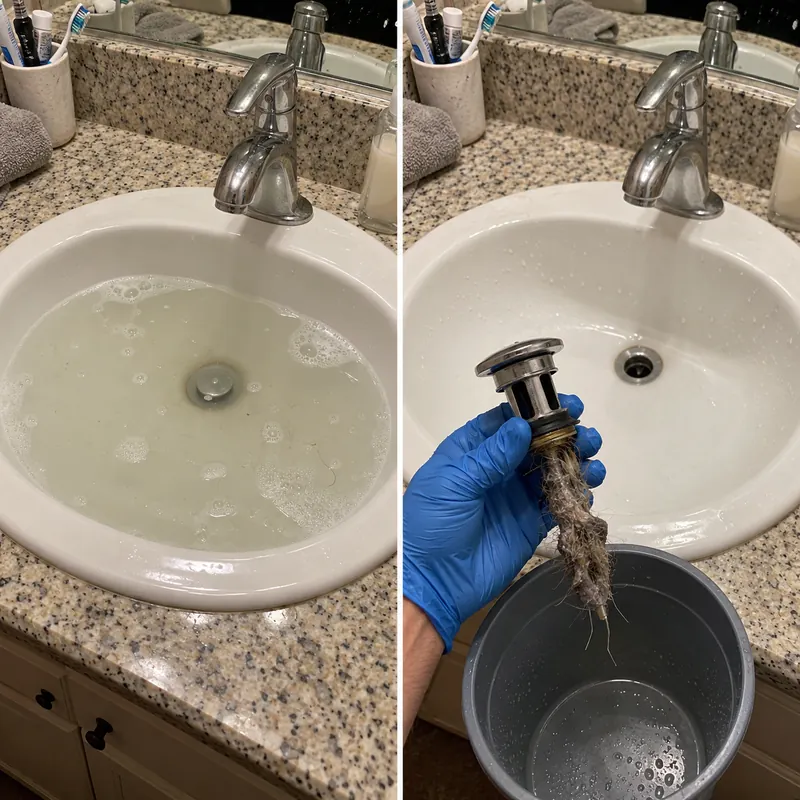 Two-panel example of a bathroom basin drain and a removed stopper above a bucket