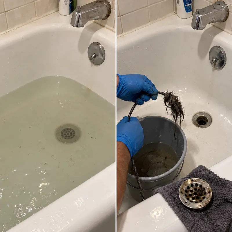 Two-panel example of standing water in a bathtub and debris lifted from its drain