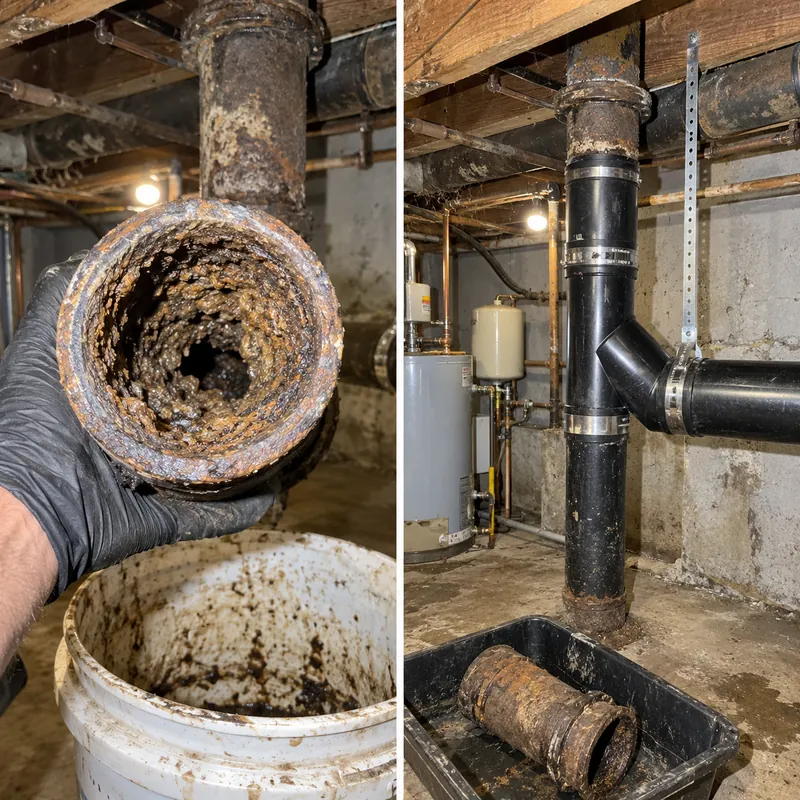 Two-panel example of deposits inside an open cast-iron drain section and a different installed pipe section