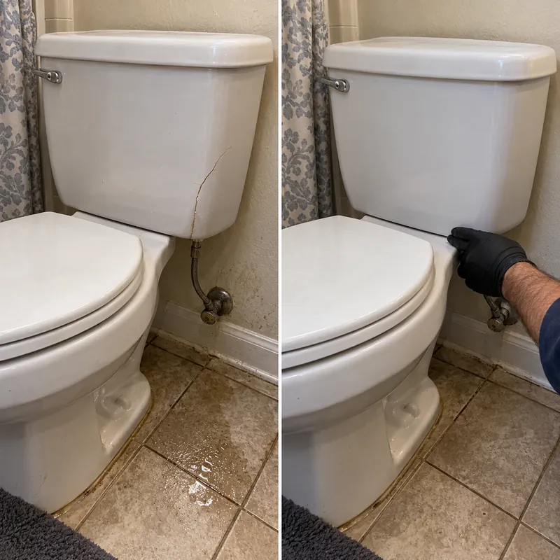 Two-panel example of a cracked toilet tank and an intact tank beside it