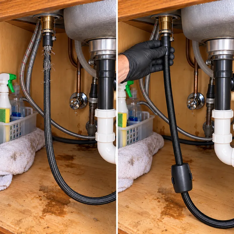 Two-panel example of faucet hoses beneath a sink with a single gloved hand checking a connection