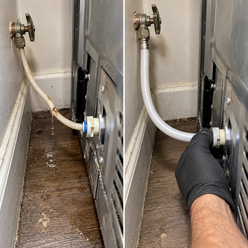 Two-panel example of a kinked refrigerator water line and a routed replacement line