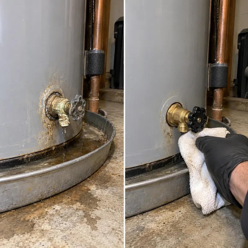 Two-panel example of deposits around a water heater drain valve and a valve fitting being checked