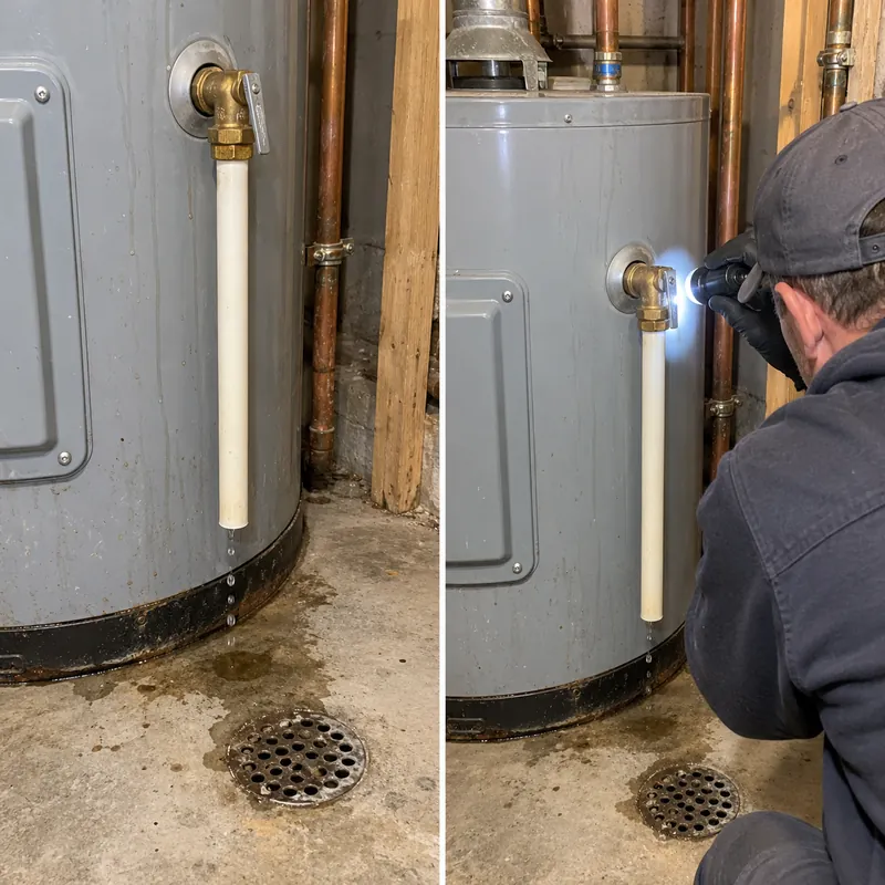Two-panel example of a water heater relief discharge pipe and its outlet being inspected