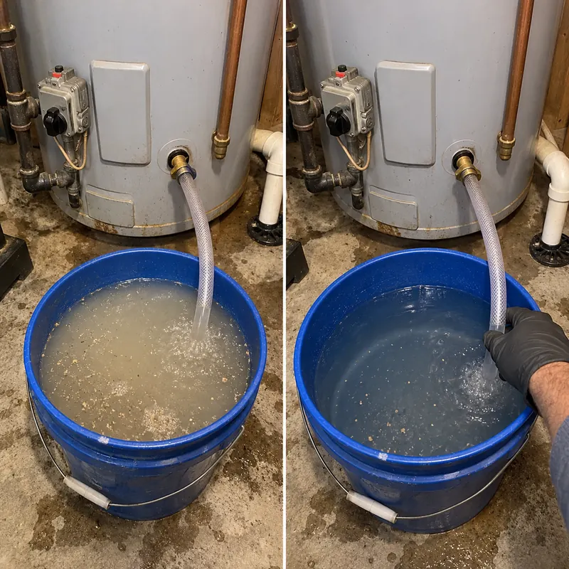 Two-panel example of cloudy water and clearer water in buckets beside a water heater