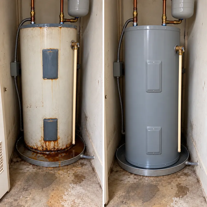 Two-panel example of a stained water heater and a different installed water heater