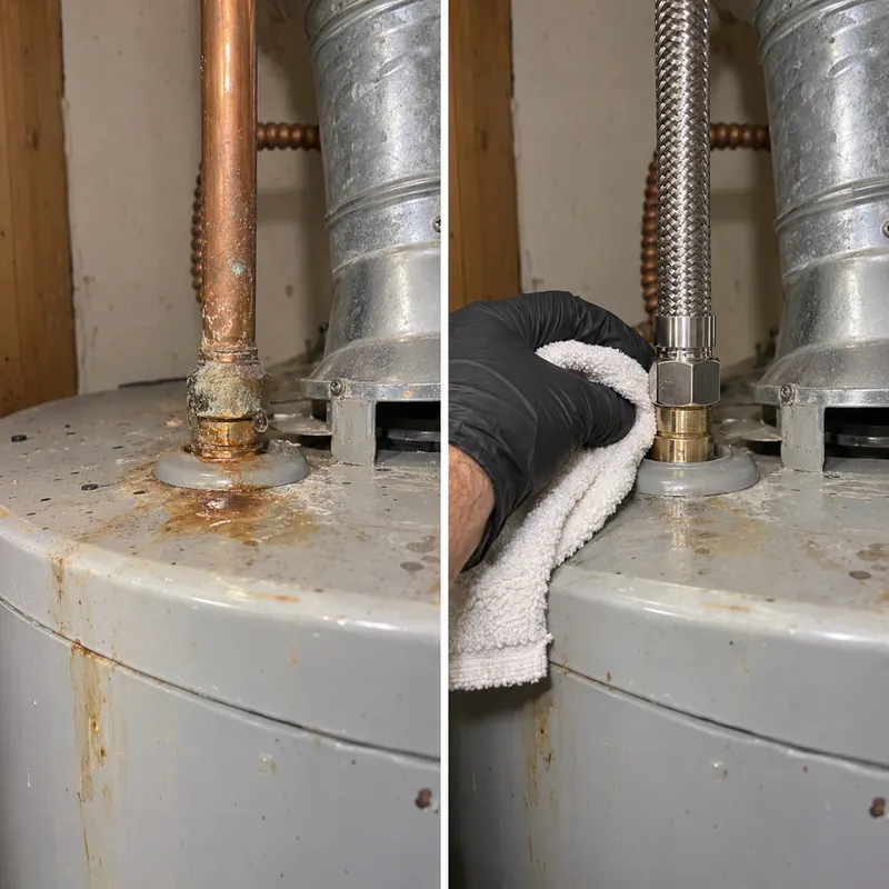 Two-panel example of deposits around a water heater top connection and a fitting being checked