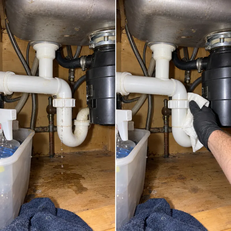 Illustrative plumbing example: Two-panel example of wet plumbing beneath a kitchen sink and a drain connection being checked