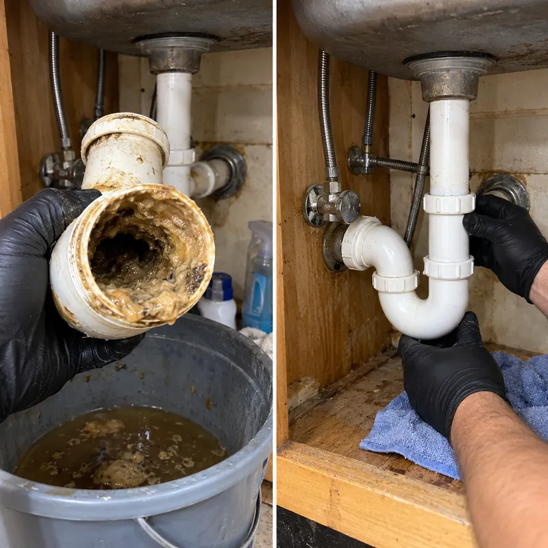 Two-panel example of buildup inside a removed sink trap and a clean installed trap