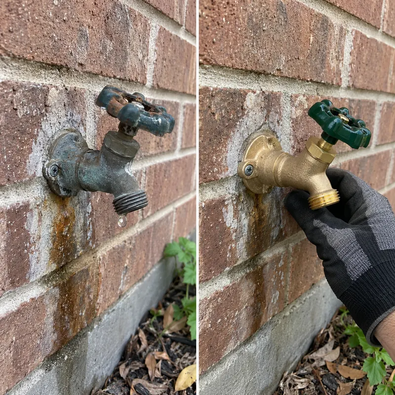 Two-panel example of a weathered outdoor faucet and a faucet being checked against a brick wall