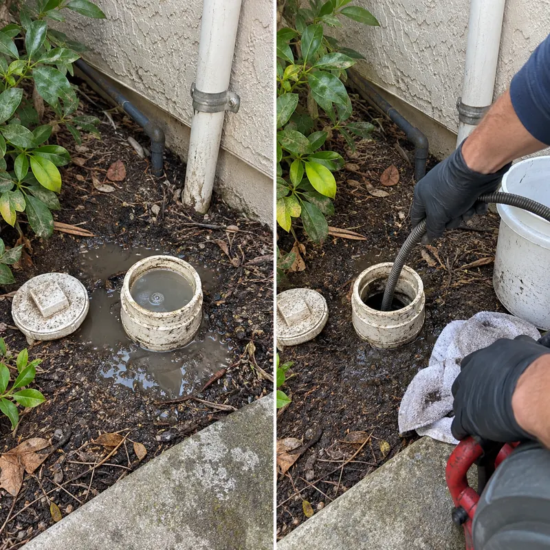 Two-panel example of an outdoor sewer access opening and work beside that opening