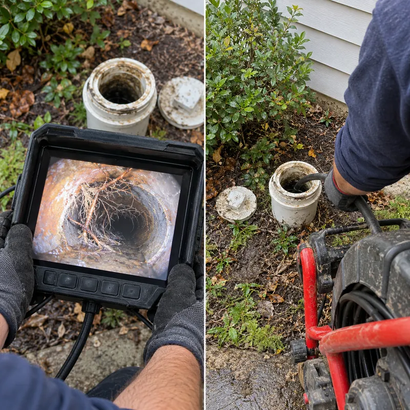 Two-panel example of a sewer camera display and equipment at an outdoor pipe access point
