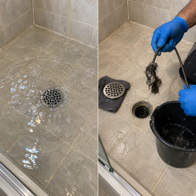 Two-panel example of a shower floor drain and debris being lifted from its opening