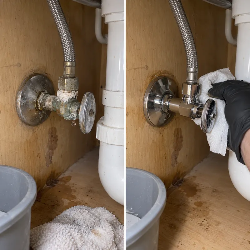 Two-panel example of a stained under-sink shutoff valve and a valve connection being checked