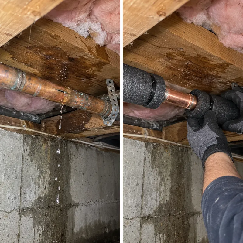 Two-panel example of water at a damaged copper pipe beneath joists and a pipe section being checked