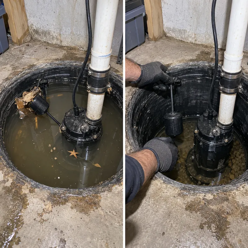 Two-panel example of a water-filled sump pit and a pump assembly being checked