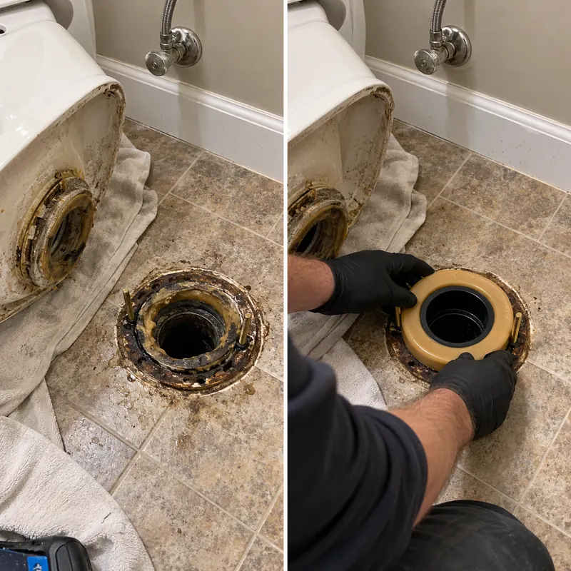 Two-panel example of an exposed toilet base opening and a seal being placed around the flange