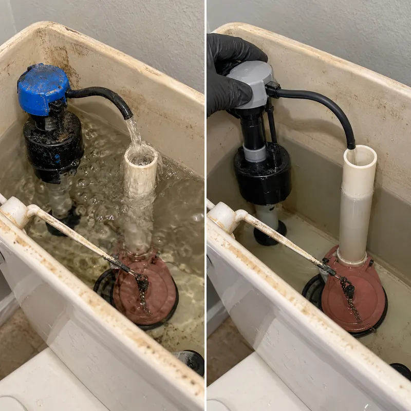 Two-panel example of water inside a toilet tank and a fill valve being handled