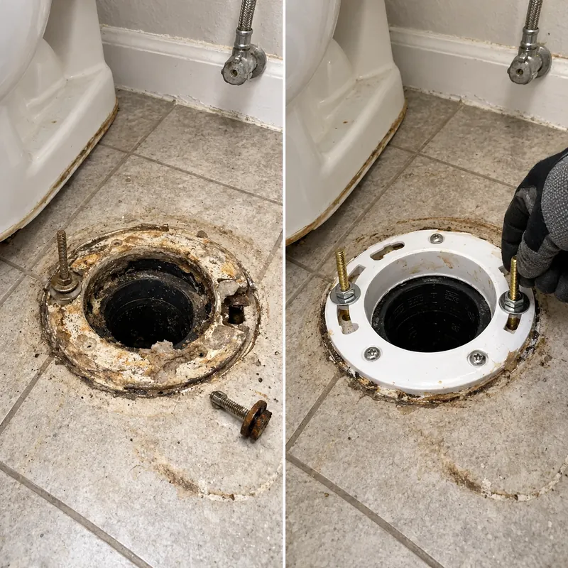 Two-panel example of a damaged toilet flange opening and a clean replacement flange