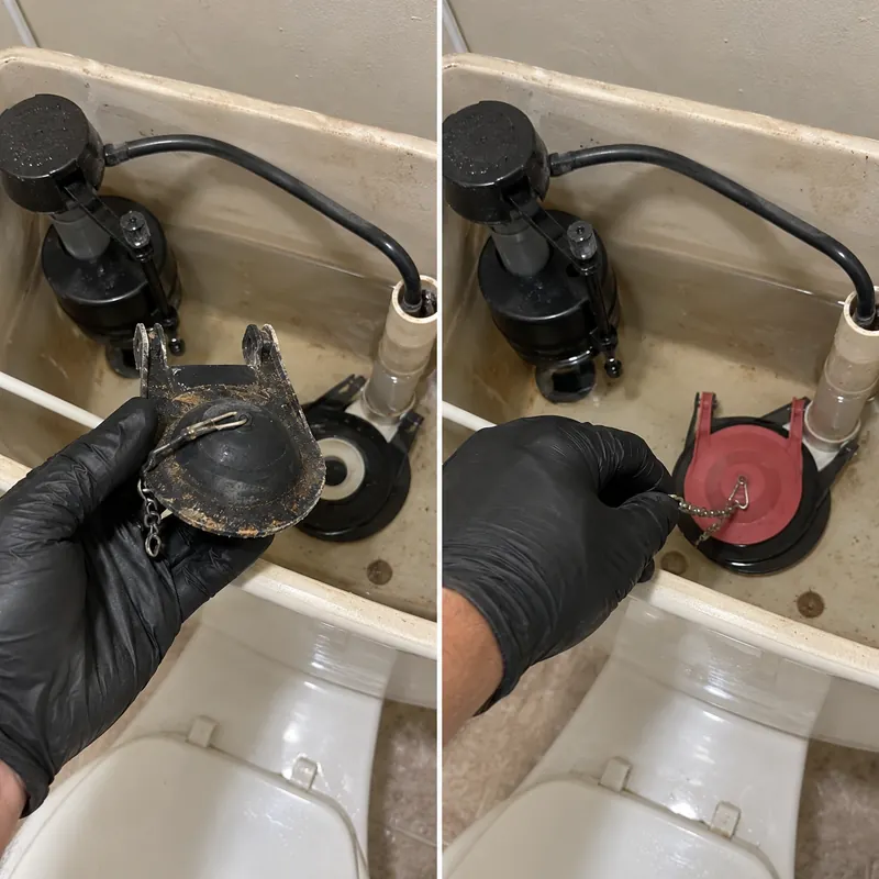 Two-panel example of a worn toilet flapper and a replacement flapper inside a tank