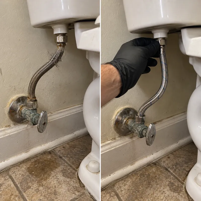 Two-panel example of a worn braided toilet supply hose and a hose connection being checked
