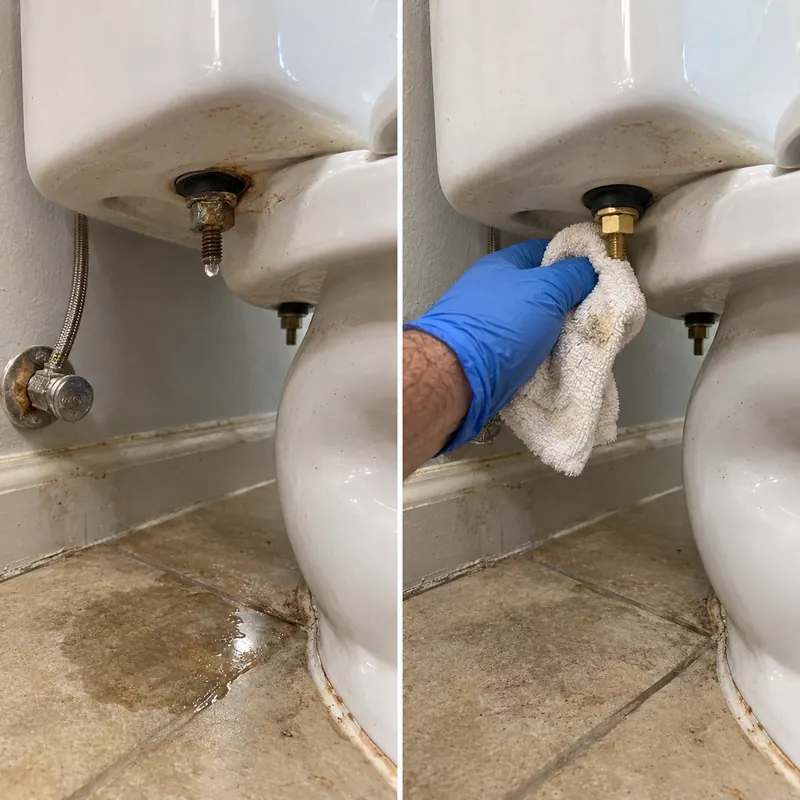 Two-panel example of moisture beneath a toilet tank and a tank bolt area being checked