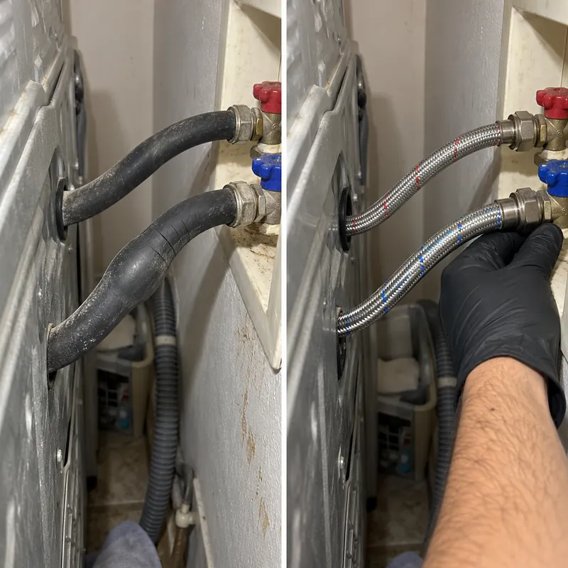 Two-panel example of washing machine hose connections and a hose fitting being checked