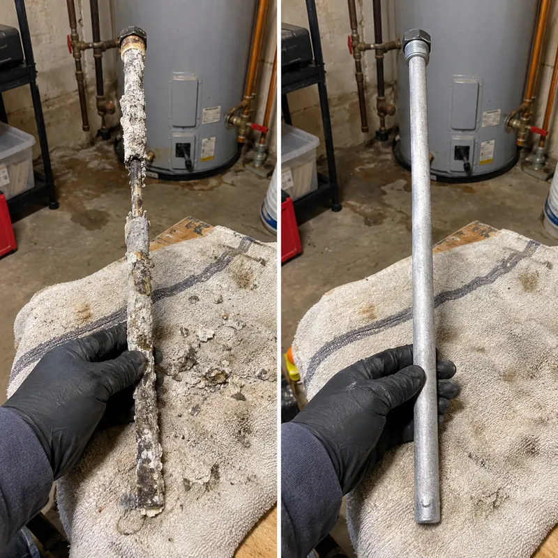 Two-panel example of a depleted water heater anode rod and a replacement rod