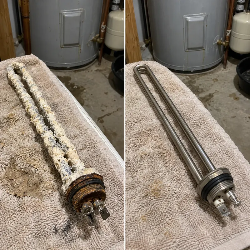 Two-panel example of a heavily coated water heater element beside a clean element