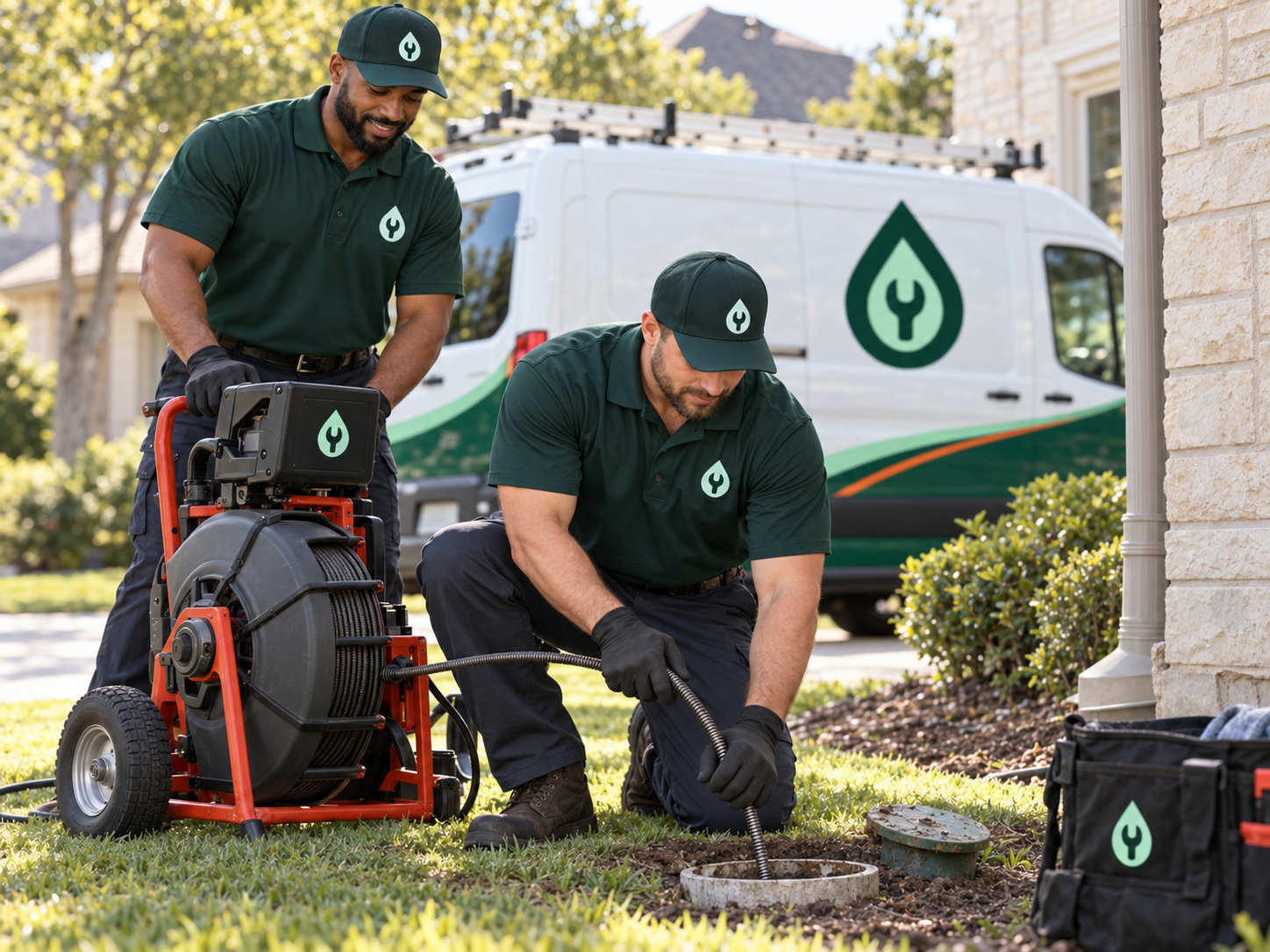 Plumbing professionals using a drain cleaning machine at an outdoor sewer cleanout