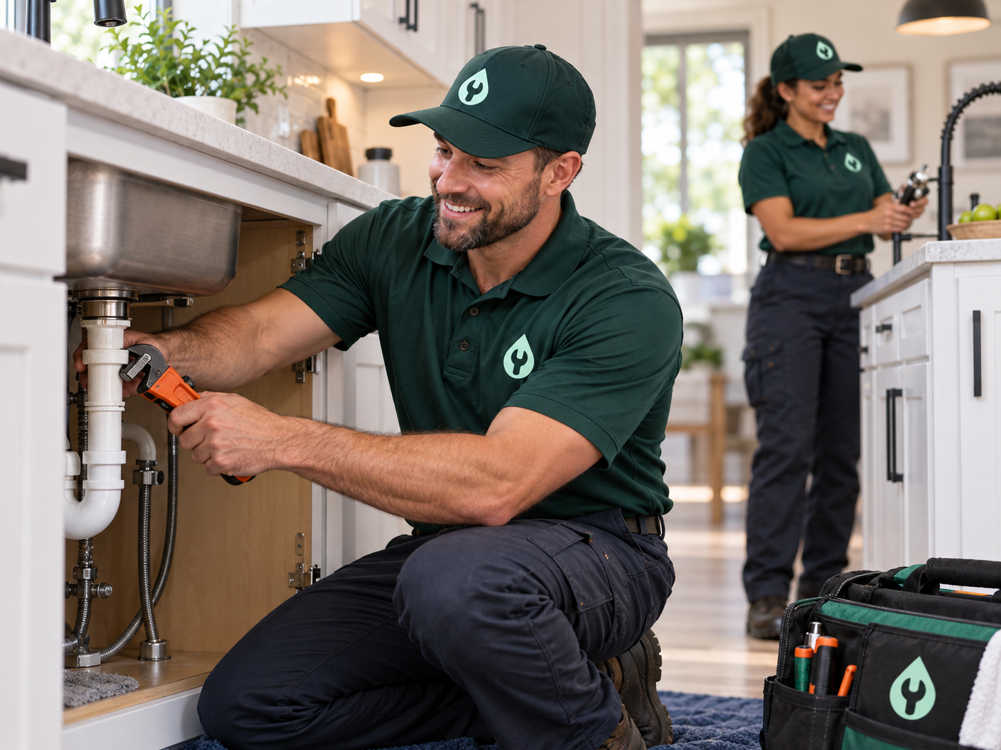 Plumbing professionals completing general plumbing work beneath a kitchen sink