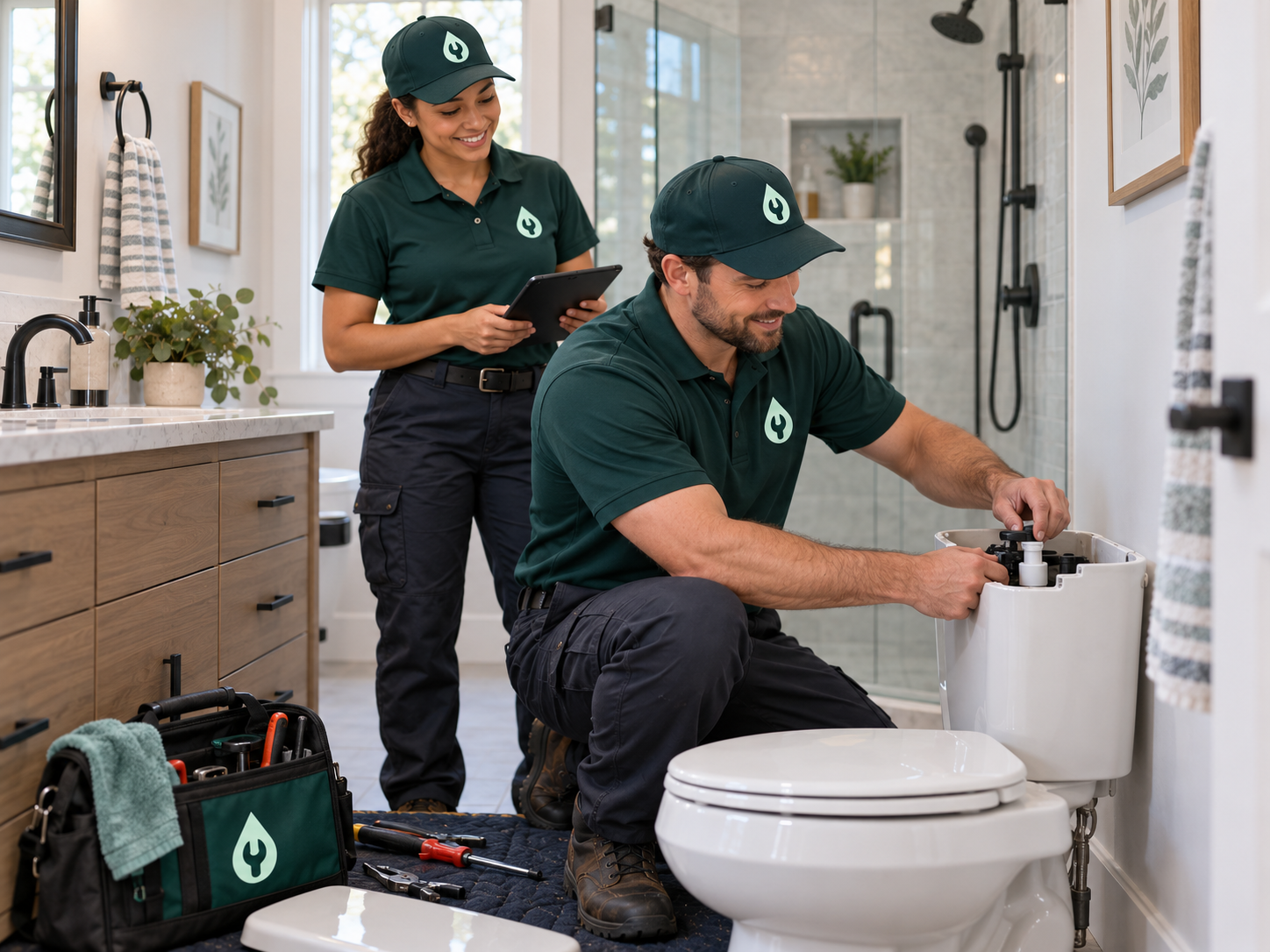 Plumbing professionals repairing a toilet in a residential bathroom