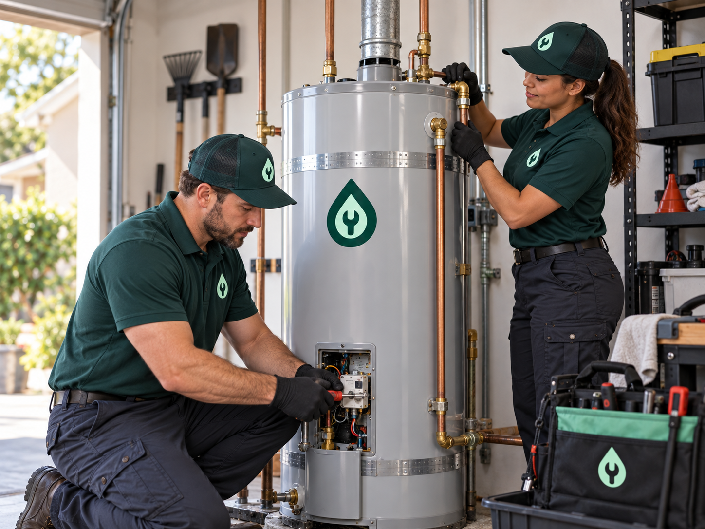 Plumbing professionals repairing and installing a residential water heater